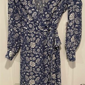 LC Lauren Conrad Navy and White Floral Long Sleeve Wrap Dress